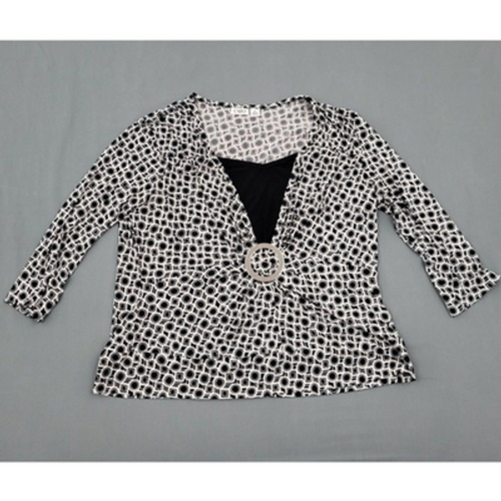 Cato Blouse Womens XL 3/4 Sleeve Geometric Buckle Pullover Black White Top